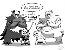 Rule 34 | angry, bear, black vs white, claws, clenched teeth, closed mouth, commentary, creatures (company), crescent, crossed arms, curlypie, english commentary, english text, eye contact, game freak, gen 2 pokemon, gen 6 pokemon, greyscale, leaf, legs apart, looking at another, monochrome, mouth hold, nintendo, no humans, pancham, pangoro, pokemon, pokemon (creature), signature, standing, teddiursa, teeth, trait connection, ursaring