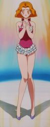 Rule 34 | 1990s (style), 1girl, bishoujo senshi sailor moon, bishoujo senshi sailor moon s, female focus, frilled swimsuit, frills, knees together feet apart, looking at viewer, matching hair/eyes, mimete (sailor moon), one-piece swimsuit, orange eyes, orange hair, screencap, shoes, short hair, solo, spotlight, stage, stitched, swimsuit, third-party edit