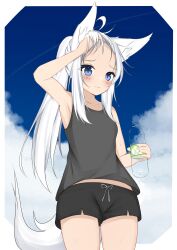 Rule 34 | 1girl, absurdres, ahoge, animal ear fluff, animal ears, arm up, bare arms, bare shoulders, black shorts, black tank top, blue eyes, blue sky, blush, bottle, closed mouth, cloud, collarbone, commentary request, forehead, fox ears, fox girl, fox tail, hand in own hair, highres, holding, holding bottle, kuronagi (mitora uwu), long hair, original, ponytail, short shorts, shorts, sidelocks, sky, smile, solo, tail, tank top, very long hair, water bottle