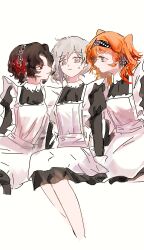 Rule 34 | 3girls, absurdres, apron, ashufu, black dress, blush, braid, brown hair, checkered hairband, chinese commentary, closed mouth, commentary request, cropped legs, dress, girl sandwich, green eyes, grey eyes, grey hair, hair bun, highres, juliet sleeves, long sleeves, looking at another, maid, maid apron, multiple girls, orange hair, puffy sleeves, red eyes, reverse:1999, sandwiched, schneider (reverse:1999), short hair, side braid, simple background, single side bun, sitting, sonetto (reverse:1999), sweatdrop, two side up, vertin (reverse:1999), white apron, white background, yuri