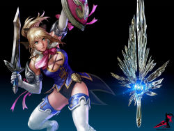 Rule 34 | 1girl, blonde hair, breasts, cassandra alexandra, cleavage, green eyes, kawano takuji, large breasts, necktie, official art, pink necktie, ponytail, shield, solo, soul calibur, soul calibur (weapon), soulcalibur, soulcalibur iv, sword, thighhighs, weapon