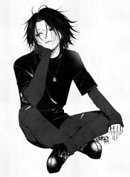 Rule 34 | 1boy, alternate costume, crossed legs, elbow rest, eyeshadow, feitan portor, full body, greyscale, highres, hunter x hunter, jewelry, lip piercing, long sleeves, looking to the side, makeup, male focus, monochrome, necklace, nora gates, pants, parted bangs, piercing, ring, shirt, short hair, sleeves past wrists, solo, torn clothes, torn pants