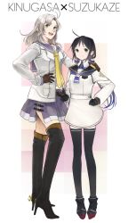 Rule 34 | 10s, 2girls, adapted costume, alternate hair color, arm around shoulder, belt, black gloves, black hair, black legwear, boots, brown gloves, character name, female focus, full body, gloves, green eyes, hand on own hip, hand on shoulder, high heels, highres, kantai collection, kinugasa (kancolle), low twintails, multiple girls, necktie, open mouth, pleated skirt, remodel (kantai collection), school uniform, serafuku, silver hair, skirt, smile, standing, suzukaze (kancolle), suzume yuu, thigh boots, thighhighs, twintails, v