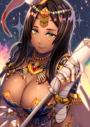 Rule 34 | 1girl, backlighting, bad id, bad pixiv id, bead necklace, beads, black hair, breasts, circlet, dark-skinned female, dark skin, fate/grand order, fate (series), forehead jewel, green eyes, highres, jewelry, kurono kito, large breasts, long hair, looking at viewer, necklace, revision, scheherazade (fate), smile, solo, staff, tiara