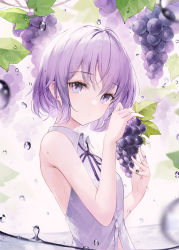 Rule 34 | 1girl, absurdres, bare arms, bare shoulders, blurry, breasts, bubble, closed mouth, collared shirt, crystalherb, depth of field, expressionless, food, fruit, grapes, hands up, highres, looking at viewer, neck ribbon, original, partially unbuttoned, purple eyes, purple hair, purple ribbon, purple theme, ribbon, shirt, short hair, sleeveless, sleeveless shirt, small breasts, solo, upper body, white shirt
