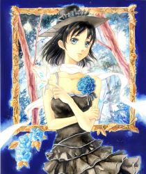 Rule 34 | bad id, bad pixiv id, bare shoulders, black hair, blue eyes, bug, butterfly, flower, framed, hat, insect, leaf, mitakarat, original, picture frame, scarf, short hair, solo, tree