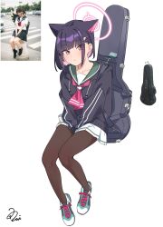 Rule 34 | 1girl, 51likes, absurdres, animal ears, black hair, black jacket, black pantyhose, blue archive, blush, cat ears, cat girl, closed mouth, colored inner animal ears, colored inner hair, commentary request, cross-laced footwear, green sailor collar, guitar case, hair ornament, hairclip, halo, highres, hood, hood down, hooded jacket, instrument case, invisible chair, jacket, kazusa (blue archive), long sleeves, looking at viewer, miniskirt, multicolored footwear, multicolored hair, neckerchief, pantyhose, photo-referenced, pink eyes, pink hair, pink halo, pink neckerchief, pleated skirt, puffy long sleeves, puffy sleeves, sailor collar, short hair, signature, simple background, sitting, skirt, solo, white background, white skirt