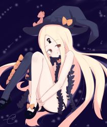 Rule 34 | 1girl, :q, abigail williams (fate), abigail williams (second ascension) (fate), asymmetrical legwear, black bow, black footwear, black hat, black panties, black thighhighs, blonde hair, blurry, blurry background, blush, bow, brown eyes, closed mouth, commentary request, depth of field, eyes visible through hair, fate/grand order, fate (series), hat, hat bow, head tilt, highres, hugging own legs, kujou karasuma, long hair, looking at viewer, mary janes, orange bow, panties, parted bangs, revealing clothes, shoes, signature, single thighhigh, sitting, smile, solo, stuffed animal, stuffed toy, teddy bear, thighhighs, tongue, tongue out, topless, underwear, uneven legwear, very long hair, witch hat
