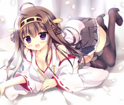 Rule 34 | 10s, 1girl, :d, antennae, azumi kazuki, bare shoulders, black thighhighs, boots, breasts, brown hair, cleavage, collarbone, commentary request, detached sleeves, downblouse, frilled skirt, frills, hair ornament, high heel boots, high heels, kantai collection, kongou (kancolle), large breasts, long hair, long sleeves, looking at viewer, miniskirt, nontraditional miko, open mouth, petals, purple eyes, ribbon-trimmed sleeves, ribbon trim, shirt, skirt, smile, solo, thigh boots, thighhighs, very long hair, wide sleeves, zettai ryouiki