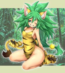 Rule 34 | 1girl, animal ears, animal hands, aqua eyes, breasts, cat ears, cham cham, clawed boots, clawed gauntlets, covered erect nipples, covered navel, forest, green hair, grin, highres, holding tail, long hair, medium breasts, miru (mill 36), nature, no panties, one eye closed, paw shoes, samurai spirits, sideboob, sitting, smile, snk, solo, tail, very long hair