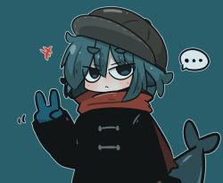 Rule 34 | +++, ..., 1girl, :&lt;, black coat, blue background, blue eyes, blue gloves, blue hair, blush, cabbie hat, closed mouth, coat, commentary request, fins, fish tail, fuka-chan, gloves, hair between eyes, hand up, hat, highres, long sleeves, looking at viewer, original, red scarf, scarf, shark tail, short eyebrows, simple background, sleeves past wrists, solo, spoken ellipsis, tail, thick eyebrows, uni souchou, upper body