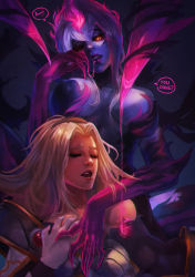 Rule 34 | 2girls, absurdres, armor, armored dress, blonde hair, bodysuit, boobplate, breastplate, breasts, colored sclera, colored skin, commentary, covered erect nipples, demon girl, evelynn (league of legends), eyelashes, femdom, hairband, highres, large breasts, league of legends, lips, lux (league of legends), moaning, monori rogue, multicolored hair, multiple girls, open mouth, pink hair, purple hair, purple sclera, purple skin, torn bodysuit, torn clothes, two-tone hair, yellow eyes, yuri