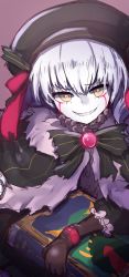 Rule 34 | 10s, 1girl, bad id, bad pixiv id, beret, black bow, black capelet, black gloves, black hat, blood, bloody tears, book, bow, brooch, brown background, brown eyes, capelet, dark persona, doll joints, elbow gloves, evil grin, evil smile, fate/extra, fate/grand order, fate (series), fur-trimmed capelet, fur trim, gloves, grin, hair between eyes, hat, highres, holding, holding book, jewelry, joints, long sleeves, looking at viewer, nursery rhyme (fate), pale skin, sharp teeth, silver hair, simple background, sketch, smile, solo, teeth, wada kazu