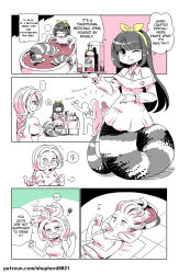 Rule 34 | ..., 2girls, alcohol, alternate language, artist name, bathtub, blush, bottle, breasts, closed eyes, closed mouth, comic, cup, dollar sign, dress, drinking glass, drunk, english text, facing viewer, fang, glasses, hair ribbon, heart, highres, lamia, large breasts, limited palette, long hair, lying, medusa (modern mogal), money, monster girl, multiple girls, musical note, navel, on back, one eye closed, original, patreon username, pillow, ribbon, shepherd0821, smile, snake, snake hair, snake tail, speech bubble, spoken dollar sign, spoken ellipsis, spoken heart, squeans, squiggle, table, tail, tray, watermark, web address, wine, wine bottle