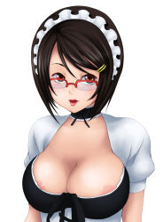 Rule 34 | areola slip, breasts, brown eyes, cleavage, glasses, hair ornament, hairclip, hisasi, large breasts, lips, lipstick, maid, makeup, solo