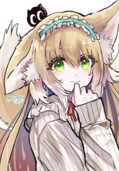 Rule 34 | 1girl, animal ear fluff, animal ears, arknights, blonde hair, blush, brown cardigan, cardigan, closed mouth, colored tips, creature on head, crossover, fox ears, fox girl, fox tail, green eyes, hair between eyes, hand on own chin, hand up, heixiu, highres, kitsune, kyuubi, long hair, long sleeves, looking at viewer, luo xiaohei zhanji, multicolored hair, multiple tails, official alternate costume, on head, ruchita, simple background, sleeves past wrists, smile, solo, suzuran (arknights), suzuran (spring praise) (arknights), tail, two-tone hair, upper body, white background, white hair