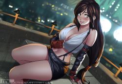 Rule 34 | 1girl, arm support, bare legs, black skirt, blurry, blurry background, breasts, brown eyes, city, cleavage, clothes pull, crop top, elbow gloves, final fantasy, final fantasy vii, fingerless gloves, gloves, legs together, long hair, looking at viewer, low-tied long hair, miniskirt, mleth, navel, pencil skirt, shirt pull, sitting, skirt, smile, solo, square enix, stomach, suspender skirt, suspenders, tank top, thighs, tifa lockhart, white tank top