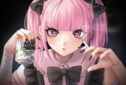 Rule 34 | 1girl, absurdres, bandaged arm, bandages, black background, black bow, black nails, blunt bangs, bow, can, chromatic aberration, cigarette, closed mouth, commentary, doniwko, dress, drink can, heart, heart-shaped pupils, highres, holding, holding can, holding cigarette, jirai kei, looking at viewer, menhera-chan (ezaki bisuko), menhera-chan (ezaki bisuko) (character), pink dress, pink hair, pink lips, short twintails, smoke, soda can, solo, symbol-shaped pupils, twintails, yami kawaii