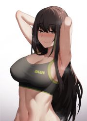Rule 34 | 1girl, armpits, arms behind head, arms up, bare arms, bare shoulders, black hair, blush, breasts, brown eyes, cero (last2stage), cleavage, collarbone, commission, crop top, girls&#039; frontline, gradient background, groin, highres, large breasts, long hair, looking at viewer, m4a1 (girls&#039; frontline), midriff, navel, nose blush, shirt, sleeveless, sleeveless shirt, smile, solo, sports bra, steam, stomach, sweat, taut clothes, upper body, very long hair, white background