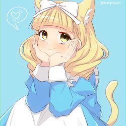 Rule 34 | 1girl, animal ears, bad id, bad pixiv id, blonde hair, blue background, blue dress, blush, bow, cat ears, cat tail, chromatic aberration, dress, extra ears, hair bow, hands on own cheeks, hands on own face, heart, jessica (jinrou judgment), jinrou judgment, looking at viewer, mamiyatorosn, simple background, smile, solo, spoken heart, tail, twitter username, yellow eyes