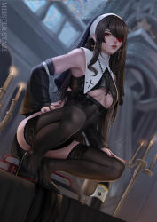 Rule 34 | absurdres, alternate costume, artist name, beidou (genshin impact), black thighhighs, breasts, candle, coif, colored eyepatch, cross, cross earrings, detached sleeves, earrings, eyepatch, genshin impact, high heels, highres, indoors, jewelry, lace, lace-trimmed legwear, lace trim, lips, looking at viewer, meister staze, nun, solo, squatting, thighhighs