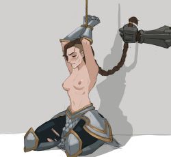Rule 34 | 1girl, 1other, amugea, armor, armpits, arms up, black eyes, bound, bound wrists, braid, breasts, brown hair, cithria (league of legends), gauntlets, greaves, grey background, half-closed eyes, highres, holding, holding own hair, kneeling, league of legends, long hair, navel, nude, ponytail, restrained, rope, scar, scar on face, simple background, sketch, torn, torn clothes, torn legwear, vambraces