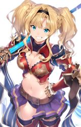 Rule 34 | 1girl, absurdres, armor, armored dress, belt, bikini armor, black hairband, blonde hair, blue eyes, breasts, brown belt, cleavage, clenched teeth, gauntlets, granblue fantasy, grin, hairband, hand on own hip, highres, holding, holding staff, medium breasts, midriff, navel, nezumidoshi, purple skirt, short hair, showgirl skirt, simple background, skirt, smile, solo, staff, teeth, thighhighs, twintails, white background, zeta (granblue fantasy)