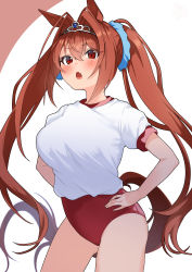 Rule 34 | 1girl, absurdres, animal ears, bloomers, blush, breasts, brown hair, daiwa scarlet (umamusume), hair intakes, hair tie, hands on own hips, highres, horse ears, horse girl, horse tail, large breasts, long hair, looking at viewer, open mouth, red eyes, simple background, solo, tail, tiara, twintails, umamusume, umashio, underwear, white background