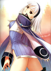 Rule 34 | 1girl, absurdres, arched back, arms at sides, ass, blanc neige, blue cape, blue dress, blue gemstone, blue hairband, blurry, breasts, cape, closed mouth, cowboy shot, depth of field, dress, female focus, from side, gem, grey cape, hairband, head tilt, highres, light smile, long sleeves, looking at viewer, looking back, looking to the side, medium breasts, medium hair, multicolored cape, multicolored clothes, official art, outdoors, red eyes, ribbed dress, scan, sega, shaft look, shining (series), shining tears, short dress, shoulder pads, side slit, sky, sleeves past wrists, smile, solo, standing, straight hair, sunset, taut clothes, taut dress, thighhighs, thighs, tony taka, tree, two-sided cape, two-sided fabric, underbust, upskirt, white hair, wide sleeves