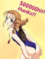 Rule 34 | 1girl, :o, arms behind back, ass, backpack, bag, blue one-piece swimsuit, blush, braid, brown hair, competition school swimsuit, embarrassed, english text, flat chest, gradient background, green eyes, gun, gunxsword, hair bobbles, hair ornament, hair tie, hands on thighs, holster, iizuki tasuku, jewelry, kameo (gunxsword), leaning forward, long hair, looking at viewer, looking back, milestone celebration, necklace, one-piece swimsuit, one-piece thong, open mouth, orange background, profile, school swimsuit, scrunchie, sidelocks, simple background, solo, standing, sweatdrop, swimsuit, thank you, thong, turtle, twin braids, weapon, wedgie, wendy garrett, yellow background