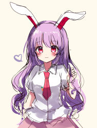 Rule 34 | 1girl, animal ears, blush, breasts, carrot pin, closed mouth, collared shirt, commentary request, flying sweatdrops, hair between eyes, hand up, heart, highres, long hair, looking at viewer, medium breasts, moshihimechan, necktie, pink skirt, puffy short sleeves, puffy sleeves, purple hair, rabbit ears, red eyes, red necktie, reisen udongein inaba, shirt, short sleeves, simple background, skirt, smile, solo, standing, sweat, sweatdrop, touhou, wavy hair, white shirt, yellow background