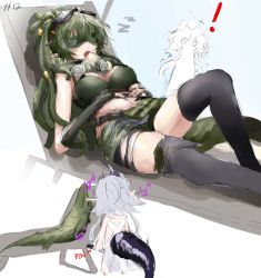 Rule 34 | !, 2girls, absurdres, arknights, bare shoulders, bikini, black thighhighs, blindfold, breasts, crocodilian tail, feet out of frame, female focus, gavial (arknights), gavial the invincible (arknights), green bikini, green hair, grey hair, highres, knee up, long hair, mask, mask around neck, medium breasts, multiple girls, multiple views, pointy ears, ponytail, reclining, sleeping, stomach, swimsuit, tail, thighhighs, tomimi (arknights), tomimi (silent night) (arknights), yuukiey, zzz