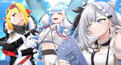 Rule 34 | 3girls, :p, artist name, black ribbon, black scarf, black sleeves, blonde hair, blue hair, blue sleeves, breasts, closed eyes, cloud, cone hair bun, cropped jacket, double bun, dress, earrings, elbow cutout, fur collar, gloved sleeves, gloves, grey eyes, grey hair, hair bun, hair ornament, hair ribbon, hairclip, highres, holding, holding mallet, hololive, hololive indonesia, hood, hood down, hoodie, jacket, jewelry, kaela kovalskia, kaela kovalskia (1st costume), kobo kanaeru, kobo kanaeru (1st costume), landacdeus, lock, long hair, mallet, medium breasts, midriff, multiple girls, open mouth, pants, pencil dress, puffy sleeves, red eyes, red gloves, red ribbon, ribbon, scarf, see-through, see-through jacket, sky, smile, tongue, tongue out, vestia zeta, vestia zeta (1st costume), virtual youtuber, white dress, white hair, white hoodie, white jacket, white nails, white pants