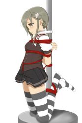 Rule 34 | 1girl, arms behind back, bdsm, black skirt, blush, bondage, bound, bound ankles, bound arms, breasts, brown eyes, brown hair, brown vest, crotch rope, female focus, femuto, from side, full body, grey thighhighs, hair ornament, hair tie, highres, kneeling, matching hair/eyes, minowa gin, pleated skirt, pole, ponytail, rope, sailor collar, school uniform, serafuku, shibari, shibari over clothes, shirt, short sleeves, simple background, skindentation, skirt, small breasts, solo, thighhighs, vest, washio sumi wa yuusha de aru, white background, white shirt, yuusha de aru, zettai ryouiki