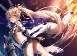 Rule 34 | 1girl, ass, ayanami (azur lane), azur lane, breasts, commentary request, detached sleeves, headgear, long hair, looking at viewer, navel, night, night sky, no panties, orange eyes, parted lips, pleated skirt, ponytail, remodel (azur lane), riichu, school uniform, serafuku, silver hair, skirt, sky, small breasts, solo, star (sky), starry sky, sword, thighhighs, underboob, weapon, white thighhighs, wide sleeves, wind, zettai ryouiki