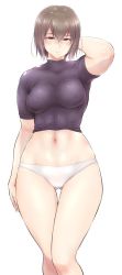 Rule 34 | 10s, 1girl, abs, arm behind head, bare legs, bifidus, breasts, breasts apart, brown eyes, brown hair, collarbone, covered erect nipples, cowboy shot, female focus, gluteal fold, hair between eyes, hyuuga (kancolle), kantai collection, large breasts, looking at viewer, midriff, muscular, navel, nipples, panties, parted lips, see-through, short hair, short sleeves, simple background, skin tight, solo, standing, underwear, white background, white panties, wide hips