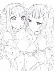 Rule 34 | 2girls, animal ears, aquaplus, bare shoulders, blush, breast press, breasts, choker, cleavage, cleavage cutout, closed mouth, clothing cutout, flower, flower on head, from side, greyscale, highres, large breasts, long hair, looking at another, midriff, minagi (utawarerumono), monochrome, multiple girls, open mouth, oreo dhc, orishiro, sidelocks, sleeveless, swimsuit, utawarerumono, utawarerumono: lost flag, very long hair