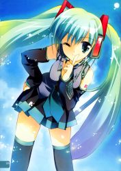 Rule 34 | 1girl, ;), absurdres, aqua eyes, aqua hair, black thighhighs, detached sleeves, finger to mouth, hatsune miku, highres, leaning forward, one eye closed, rei (rei&#039;s room), smile, thighhighs, twintails, vocaloid, wink