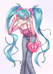 Rule 34 | 1girl, bag, blue eyes, blue hair, commentary, denim, english commentary, grin, hair ornament, hairclip, halterneck, handbag, hands on headphones, hatsune miku, headphones, heart-shaped bag, highres, jeans, jewelry, layered shirt, long hair, long sleeves, necklace, off-shoulder shirt, off shoulder, pants, pink-tinted eyewear, pom pom (clothes), pom pom hair ornament, shirt, smile, smiley face, solo, sunglasses, tinted eyewear, tulchip, twintails, very long hair, vocaloid