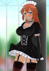 Rule 34 | 1girl, absurdres, blue eyes, blush, breasts, charlotte e. yeager, choker, cleavage, clothes lift, elbow gloves, frilled skirt, frills, garter straps, gloves, grin, hachimitsu-b, highres, lace, lace-trimmed legwear, lace trim, large breasts, lifted by self, long hair, looking at viewer, maid, maid headdress, orange hair, skirt, skirt lift, smile, solo, standing, strike witches, thighhighs, world witches series