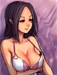 Rule 34 | 00s, 1girl, bare shoulders, black eyes, black hair, blue background, bra, breast hold, breasts, camisole, cleavage, eureka seven, eureka seven (series), facial mark, fumio (rsqkr), large breasts, light smile, lingerie, looking away, no bra, shadow, short hair, simple background, smile, solo, striped, talho yuuki, tattoo, underwear, upper body