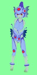 Rule 34 | 1girl, 3d, blue one-piece swimsuit, clothing cutout, digimon, digimon (creature), fins, frog girl, full body, helmet, highleg, highleg swimsuit, looking at viewer, monster girl, navel cutout, one-piece swimsuit, ranamon, red eyes, swimsuit