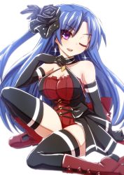 Rule 34 | 1girl, bare shoulders, blue eyes, blue hair, blush, cinderella (mary skelter), flower, hair flower, hair ornament, looking at viewer, mary skelter, mizunashi (second run), one eye closed, rose, solo, thighhighs