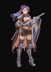 Rule 34 | 1girl, absurdres, armor, belt, black background, blush, boots, breasts, brown cape, brown eyes, brown skirt, brown thighhighs, cape, cleavage, cleavage cutout, clothing cutout, full body, gauntlets, greaves, grey footwear, hair ribbon, highres, holding, holding shield, holding sword, holding weapon, long hair, looking at viewer, medium breasts, midriff, miniskirt, navel, original, parted lips, ponytail, purple hair, red ribbon, ribbon, shield, simple background, skirt, solo, standing, sword, thighhighs, weapon, xue qi ye (dndtmbdue)