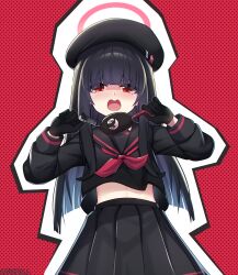 Rule 34 | 1girl, absurdres, beret, black gloves, black hair, black serafuku, black skirt, blue archive, crime prevention buzzer, gician l, gloves, halo, hasumi (blue archive), hat, highres, justice task force member (blue archive), long hair, long sleeves, midriff peek, neckerchief, pleated skirt, pulling, red background, red eyes, red halo, red neckerchief, school uniform, serafuku, shukusei!! loli-gami requiem, skirt, solo, tearing up
