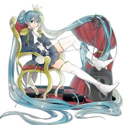 Rule 34 | 1girl, absurdres, aqua eyes, aqua hair, boots, checkered floor, crown, epaulettes, floor, full body, gloves, hatsune miku, highres, long hair, microphone, microphone stand, naruto maki, rapier, sitting, skirt, smile, solo, speaker, sword, thigh boots, thighhighs, transparent background, twintails, very long hair, vocaloid, weapon, white background