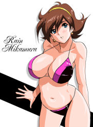 Rule 34 | 1990s (style), 1girl, adapted costume, arms behind back, bikini, blue eyes, breasts, brown hair, character name, cleavage, earrings, g gundam, grin, gundam, hair between eyes, hairband, jewelry, large breasts, looking at viewer, navel, rain mikamura, retro artstyle, shadow, shiny skin, short hair, shu-z, simple background, smile, solo, standing, swimsuit, white background