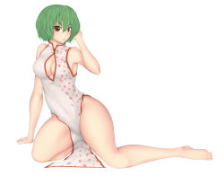 Rule 34 | 1girl, alternate costume, arm support, bare shoulders, barefoot, breasts, china dress, chinese clothes, cleavage, cleavage cutout, clothing cutout, cookin, covered navel, curvy, dress, feet, green hair, hand on own head, heart, kazami yuuka, legs, looking at viewer, naughty face, no panties, red eyes, short hair, sideboob, sleeveless, sleeveless dress, smile, solo, thick thighs, thighs, touhou, wide hips