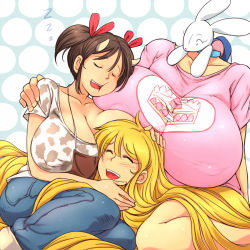 Rule 34 | 2girls, blonde hair, borrowed character, breasts, rabbit, cassie (theycallhimcake), cow girl, cow horns, denim, dullahan, covered erect nipples, closed eyes, female focus, forced smile, gigantic breasts, hataraki ari, headless, horns, huge breasts, jeans, long hair, multiple girls, open mouth, original, pants, shirt, sitting, sleeping, sukimi, what, zzz