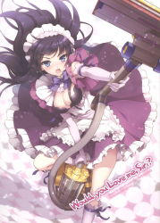 Rule 34 | 1girl, an2a, apple inc., apron, black hair, blue eyes, breasts, cleavage, cleavage cutout, clothing cutout, dress, elbow gloves, gloves, highres, kneehighs, large breasts, leg up, long hair, maid, maid apron, maid headdress, open mouth, pink gloves, pink socks, scan, siri, socks, solo, tears, vacuum cleaner
